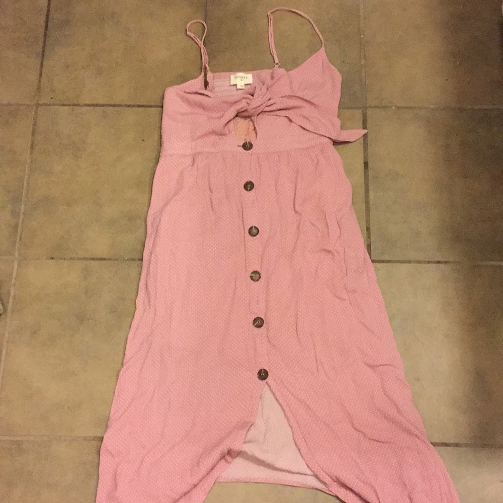 pink and white polla dot sundress with front tie